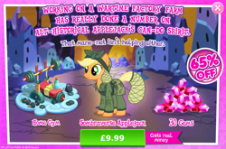 Size: 1962x1297 | Tagged: safe, derpibooru import, applejack, earth pony, pony, advertisement, alternate hairstyle, alternate timeline, applecalypsejack, apron, camouflage, clothes, costs real money, crystal empire, crystal war timeline, english, female, gameloft, gem, hair net, hat, mare, numbers, official, sale, solo, solo focus, sombraverse, stain, text, water bottle, weights