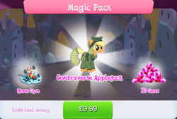 Size: 1264x853 | Tagged: safe, derpibooru import, applejack, earth pony, pony, alternate hairstyle, alternate timeline, applecalypsejack, apron, bundle, camouflage, clothes, costs real money, crystal empire, crystal war timeline, english, female, gameloft, gem, hair net, hat, mare, numbers, official, sale, solo, solo focus, sombraverse, stain, text, water bottle, weights