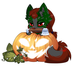 Size: 1500x1364 | Tagged: safe, artist:arctic-fox, derpibooru import, oc, oc only, oc:well geboren, dog, dog pony, earth pony, hybrid, original species, axe, commission, halloween, hatchet, holiday, jack-o-lantern, mouth hold, pumpkin, simple background, solo, transparent background, weapon, ych result