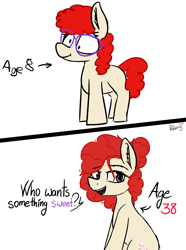 Size: 1496x2007 | Tagged: safe, artist:pinkberry, derpibooru import, twist, earth pony, pony, arrow, colored sketch, comparison, dialogue, doodle, ear fluff, ears, female, filly, foal, freckles, glasses, mare, older, older twist, open mouth, red mane, red tail, simple background, sitting, solo, talking, white background