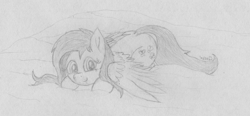 Size: 2950x1364 | Tagged: safe, artist:wapamario63, fluttershy, pegasus, pony, anticipation, bed, cute, female, lying down, lying on bed, mare, monochrome, shyabetes, sketch, solo, traditional art, wings
