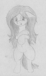 Size: 1435x2367 | Tagged: safe, artist:wapamario63, fluttershy, pegasus, pony, belly button, bipedal, cute, ears, female, floppy ears, mare, messy mane, monochrome, shyabetes, sketch, solo, traditional art