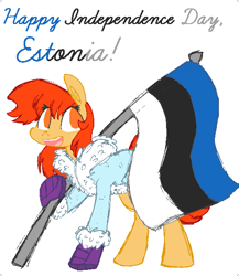 Size: 552x635 | Tagged: safe, artist:artflicker, derpibooru import, oc, oc only, oc:flicker split, earth pony, pony, boots, clothes, earth pony oc, estonia, female, flag, holding a flag, independence day, looking at you, mare, national flag, no pupils, open mouth, open smile, shoes, simple background, smiling, smiling at you, solo, standing, white background, winter jacket, winter outfit