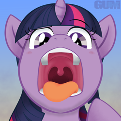 Size: 1200x1200 | Tagged: safe, artist:gum-k, derpibooru import, part of a set, twilight sparkle, pony, unicorn, confused, esophagus, mawshot, open mouth, oral invitation, purple eyes, raised eyebrow, slimy, solo, taste buds, tongue, tongue out, twipred, uvula