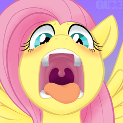 Size: 1200x1200 | Tagged: safe, artist:gum-k, derpibooru import, part of a set, fluttershy, pegasus, pony, blushing, esophagus, flutterpred, mawshot, open mouth, oral invitation, pink hair, slimy, solo, taste buds, tongue, tongue out, uvula