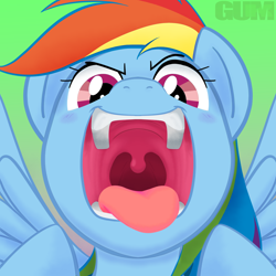 Size: 1200x1200 | Tagged: safe, artist:gum-k, derpibooru import, part of a set, rainbow dash, pegasus, pony, esophagus, mawshot, multicolored hair, open mouth, open smile, oral invitation, pointing, preddash, rainbow hair, raised eyebrow, slimy, smiling, solo, taste buds, tongue, tongue out, uvula