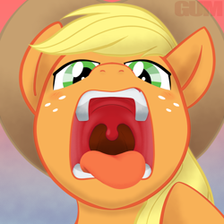 Size: 1200x1200 | Tagged: safe, artist:gum-k, derpibooru import, part of a set, applejack, earth pony, pony, blonde, blonde hair, esophagus, freckles, green eyes, mawshot, open mouth, oral invitation, predajack, slimy, solo, taste buds, tongue, tongue out, uvula