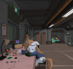 Size: 2186x2048 | Tagged: safe, artist:dddromm, derpibooru import, oc, oc only, oc:littlepip, earth pony, pony, unicorn, fallout equestria, apple, desk, fanfic art, female, food, male, mare, pipbuck, screwdriver, sitting, sleeping, stable 2, stallion