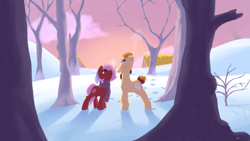 Size: 1920x1080 | Tagged: safe, artist:storyteller, derpibooru import, oc, oc only, oc:bloodworm, oc:omelette, earth pony, pony, breath, clothes, colored, cute, duo, hoofprints, lineless, scarf, snow, tree