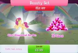 Size: 1255x847 | Tagged: safe, derpibooru import, idw, bon bon (g1), earth pony, pony, g1, g4, bundle, castle, costs real money, english, female, gameloft, gem, idw showified, mare, numbers, official, sale, solo, solo focus, text