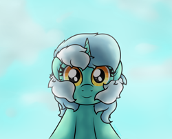 Size: 2043x1649 | Tagged: safe, artist:background basset, derpibooru import, lyra heartstrings, pony, unicorn, blue sky, bust, cute, looking at you, lyrabetes, solo