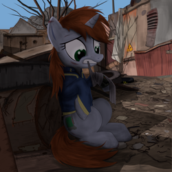 Size: 2000x2000 | Tagged: safe, artist:dddromm, derpibooru import, oc, oc only, oc:littlepip, pony, unicorn, fallout equestria, bandage, barrel, clothes, fallout, injured, jumpsuit, ruins, solo, tree, vault suit, wasteland