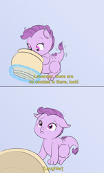 Size: 969x1603 | Tagged: safe, artist:carnifex, derpibooru import, oc, oc:lavender, dracony, hybrid, 2 panel comic, comic, cookie, cookie jar, cute, ears, female, filly, floppy ears, foal, food, implied rarity, interspecies offspring, levitation, lip quiver, looking up, magic, ocbetes, offscreen character, offspring, parent:rarity, parent:spike, parents:sparity, pouting, sad, sadorable, solo, subtitles, telekinesis