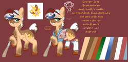 Size: 2672x1292 | Tagged: safe, artist:nootaz, derpibooru import, oc, oc:cracker jack, reference sheet