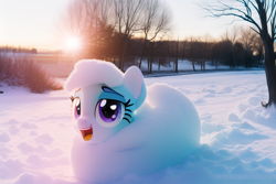 Size: 768x512 | Tagged: safe, derpibooru exclusive, derpibooru import, generator:novelai, generator:stable diffusion, machine learning generated, oc, oc only, pony, cute, looking at you, open mouth, snow, solo