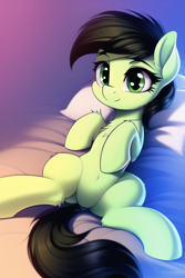 Size: 512x768 | Tagged: safe, derpibooru import, generator:novelai, generator:stable diffusion, machine learning generated, oc, oc:anon filly, earth pony, pony, bed, belly button, chest fluff, female, filly, foal, lying down, on back, pillow, smiling, solo