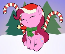 Size: 3000x2500 | Tagged: safe, artist:wasnttheredonenothing, derpibooru import, pinkie pie, earth pony, pony, candy, candy cane, clothes, cute, cutie mark, diapinkes, eyes closed, food, hat, scarf, solo, tree, winter