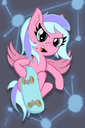 Size: 2053x3080 | Tagged: safe, artist:gean, derpibooru import, oc, oc only, oc:summer silk, pegasus, pony, complex background, skateboard, solo