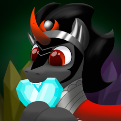 Size: 2167x2167 | Tagged: safe, artist:stellardust, derpibooru exclusive, derpibooru import, king sombra, pony, unicorn, armor, crystal, crystal heart, fangs, happy, high res, jewelry, male, nom, solo, stallion, the crystal empire 10th anniversary