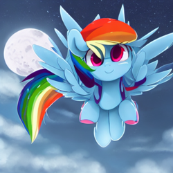 Size: 512x512 | Tagged: safe, derpibooru import, generator:stable diffusion, machine learning generated, rainbow dash, pegasus, pony, colored hooves, derp, flying, full moon, moon, solo