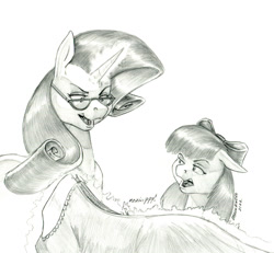 Size: 1296x1200 | Tagged: safe, artist:baron engel, derpibooru import, apple bloom, rarity, earth pony, pony, unicorn, clothes, dress, female, filly, foal, mare, monochrome, pencil drawing, story included, traditional art