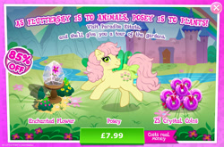 Size: 1960x1297 | Tagged: safe, derpibooru import, idw, posey, earth pony, g1, g4, advertisement, bow, bush, costs real money, english, female, flower, gameloft, idw showified, mare, numbers, official, river, sale, solo, solo focus, stream, tail, tail bow, text, water, wishing flower