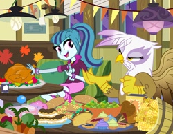 Size: 1200x929 | Tagged: safe, artist:pixelkitties, derpibooru import, gilda, sonata dusk, bird, griffon, equestria girls, burger, cake, cupcake, food, hamburger, hay burger, holiday, marÿke hendrikse, taco, thanksgiving, this will end in weight gain, turkey, voice actor joke