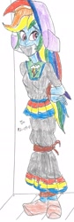 Size: 911x2704 | Tagged: safe, artist:godzilla713, derpibooru import, rainbow dash, human, equestria girls, bondage, bound and gagged, clothes, dress, dutch, dutch cap, gag, hat, humanized, long dress, long skirt, simple background, skirt, solo, white background