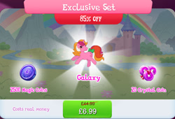 Size: 1266x861 | Tagged: safe, derpibooru import, idw, galaxy (g1), pony, unicorn, g1, g4, bow, bundle, costs real money, english, female, gameloft, horn, idw showified, magic coins, mare, numbers, official, river, sale, solo, solo focus, stream, tail, tail bow, text, water