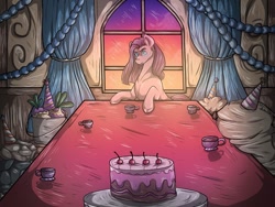 Size: 512x384 | Tagged: safe, artist:binibean, derpibooru import, madame leflour, mr. turnip, pinkie pie, rocky, sir lintsalot, earth pony, pony, party of one, cake, female, food, pinkamena diane pie, scene interpretation, solo