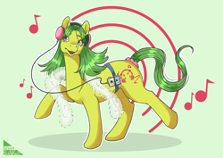 Size: 5787x4092 | Tagged: safe, artist:katarablankart, derpibooru import, swinger, earth pony, pony, g1, female, headphones, music, solo