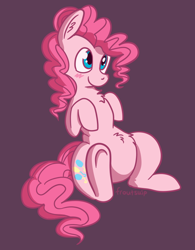 Size: 660x846 | Tagged: safe, artist:froutsuip, derpibooru import, pinkie pie, belly, belly fluff, blushing, chest fluff, chubby, ear fluff, ears, female, looking forward, raised hooves, signature, simple background, sitting, solo, underhoof