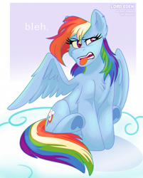 Size: 1342x1672 | Tagged: safe, artist:l0rdeden, derpibooru import, rainbow dash, pegasus, pony, bleh, chest fluff, disgusted, female, sitting, solo, tongue, tongue out, underhoof