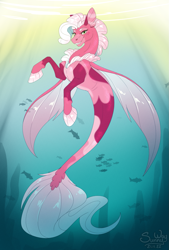 Size: 945x1400 | Tagged: safe, artist:sunny way, derpibooru import, oc, oc only, fish, pony, sea pony, seahorse, seapony (g4), art, artwork, bubble, crepuscular rays, cute, digital art, female, feral, fin wings, finished commission, fins, fish tail, flowing mane, flowing tail, freckles, mare, ocean, signature, smiling, solo, solo female, sunlight, tail, underwater, water, wings