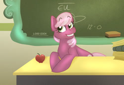 Size: 1280x877 | Tagged: safe, artist:l0rdeden, derpibooru import, cheerilee, earth pony, pony, ponyville confidential, apple, chalkboard, desk, female, food, grin, scene interpretation, smiling, solo