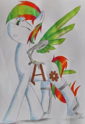 Size: 1614x2351 | Tagged: safe, artist:thecrimsonspark, derpibooru import, oc, oc only, oc:ember sparks, pegasus, artificial wings, augmented, mechanical wing, pegasus oc, reference sheet, solo, traditional art, wings