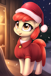 Size: 1843x2764 | Tagged: safe, derpibooru import, generator:novelai, generator:stable diffusion, machine learning generated, apple bloom, earth pony, pony, adorabloom, christmas, cute, female, filly, foal, hat, holiday, night, santa hat, snow, snowfall, solo