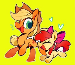 Size: 1815x1575 | Tagged: safe, artist:ache13337003, derpibooru import, apple bloom, applejack, earth pony, pony, apple sisters, female, filly, foal, heart, mare, siblings, simple background, sisters