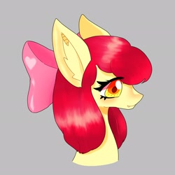 Size: 2048x2048 | Tagged: safe, artist:bunnynote08, derpibooru import, apple bloom, bat pony, pony, bust, fangs, female, filly, foal, gray background, looking sideways, portrait, race swap, simple background, solo