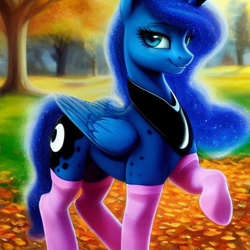 Size: 1024x1024 | Tagged: safe, derpibooru import, editor:dovakkins, generator:novelai, generator:stable diffusion, machine learning generated, princess luna, alicorn, pony, autumn, beautiful, clothes, cute, female, hooves, jewelry, looking at you, mare, outdoors, peytral, raised hoof, raised leg, smiling, smiling at you, socks, solo, stockings, thigh highs, tree
