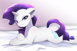 Size: 4590x3039 | Tagged: safe, artist:lorethelostking, derpibooru import, rarity, pony, unicorn, bed, cutie mark, female, looking at you, lying down, smiling, smiling at you, solo