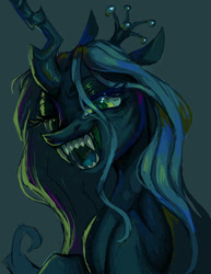 Size: 786x1016 | Tagged: safe, artist:onionpwder, derpibooru import, queen chrysalis, changeling, changeling queen, fangs, female, looking at you, open mouth, open smile, sharp teeth, simple background, smiling, solo, teeth