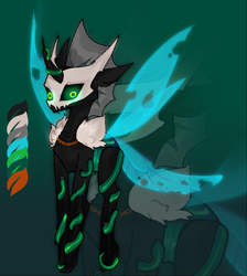 Size: 1108x1238 | Tagged: safe, artist:minty--fresh, derpibooru import, oc, oc only, changeling, changeling oc, glowing, glowing eyes, reference sheet, skull mask, solo, vine, zoom layer