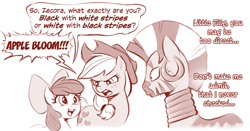 Size: 2827x1478 | Tagged: safe, artist:crade, apple bloom, applejack, zecora, earth pony, pony, zebra, apple bloom's bow, apple sisters, applejack's hat, bow, casual racism, clothes, cowboy hat, dialogue, ear piercing, earring, female, filly, foal, hair bow, hat, innocence, innocent, jewelry, mare, monochrome, neck rings, open mouth, open smile, piercing, sepia, siblings, sisters, smiling, speech bubble, sweat, trio