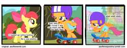 Size: 720x275 | Tagged: safe, screencap, apple bloom, scootaloo, earth pony, pegasus, comic:a softer equestria, a softer world, comic, helmet, scooter, screencap comic, text