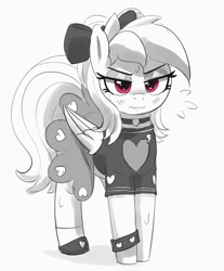 Size: 1365x1646 | Tagged: safe, artist:pabbley, derpibooru import, rainbow dash, pegasus, pony, blushing, bow, choker, clothes, emanata, female, grayscale, grumpy, hair bow, mare, monochrome, partial color, rainbow dash always dresses in style, simple background, skirt, solo, sweat, tomboy taming, wavy mouth, white background