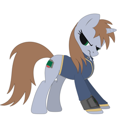Size: 2000x2000 | Tagged: safe, artist:dddromm, derpibooru import, oc, oc only, oc:littlepip, pony, unicorn, fallout equestria, clothes, female, jumpsuit, mare, pipbuck, simple background, solo, unamused, vault suit, white background