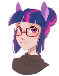 Size: 832x1065 | Tagged: safe, artist:melodylibris, derpibooru import, twilight sparkle, human, blushing, bust, eared humanization, female, glasses, hair bun, humanized, looking at you, simple background, smiling, smiling at you, solo, white background