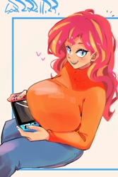 Size: 800x1200 | Tagged: safe, artist:sozglitch, derpibooru import, sunset shimmer, human, big breasts, breasts, clothes, denim, female, floating heart, heart, high angle, huge breasts, humanized, jeans, looking at you, looking up, looking up at you, nintendo switch, open mouth, open smile, pants, smiling, solo, sunset jiggler, sweater, turtleneck