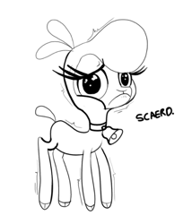 Size: 652x761 | Tagged: safe, artist:shelbysmol, derpibooru import, pom lamb, lamb, sheep, them's fightin' herds, bell, bell collar, black and white, collar, community related, doodle, female, frown, grayscale, monochrome, scared, shaking, simple background, solo, text, white background